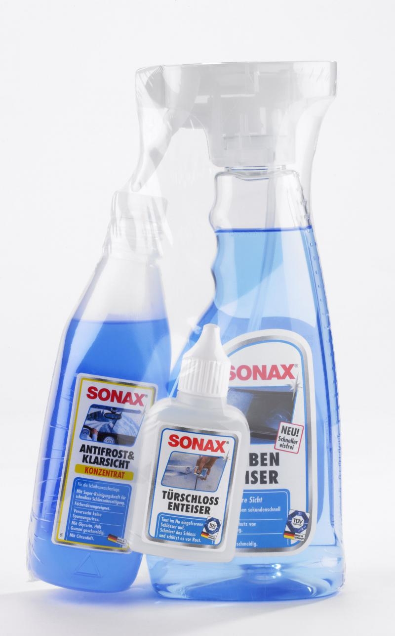 SONAX WinterFitSet (3-teilig) gegen Eis, Frost & schlechte Sicht,  Scheibenenteiser (500 ml), Schlossenteiser (50 ml) & AntiFrost+KlarSicht  Konzentrat (250 ml), …